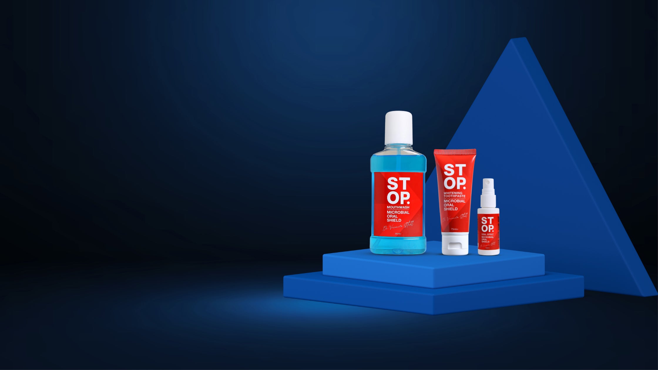 Dynamic presentation of STOP oral care range, featuring a blue 'Mouthwash with Microbial Oral Shield', a 'Whitening Toothpaste', and an 'Oral Spray'. These products are positioned on modern blue geometric platforms with a contrasting deep blue gradient background.