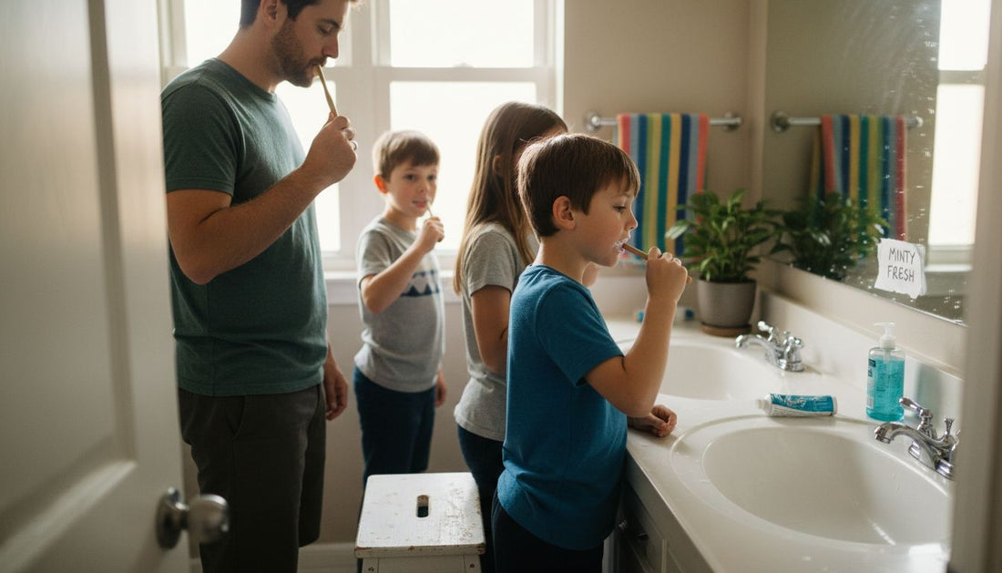 Family brushing teeth together in sunlit bathroom