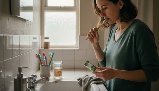Woman using innovative dental care products in bathroom