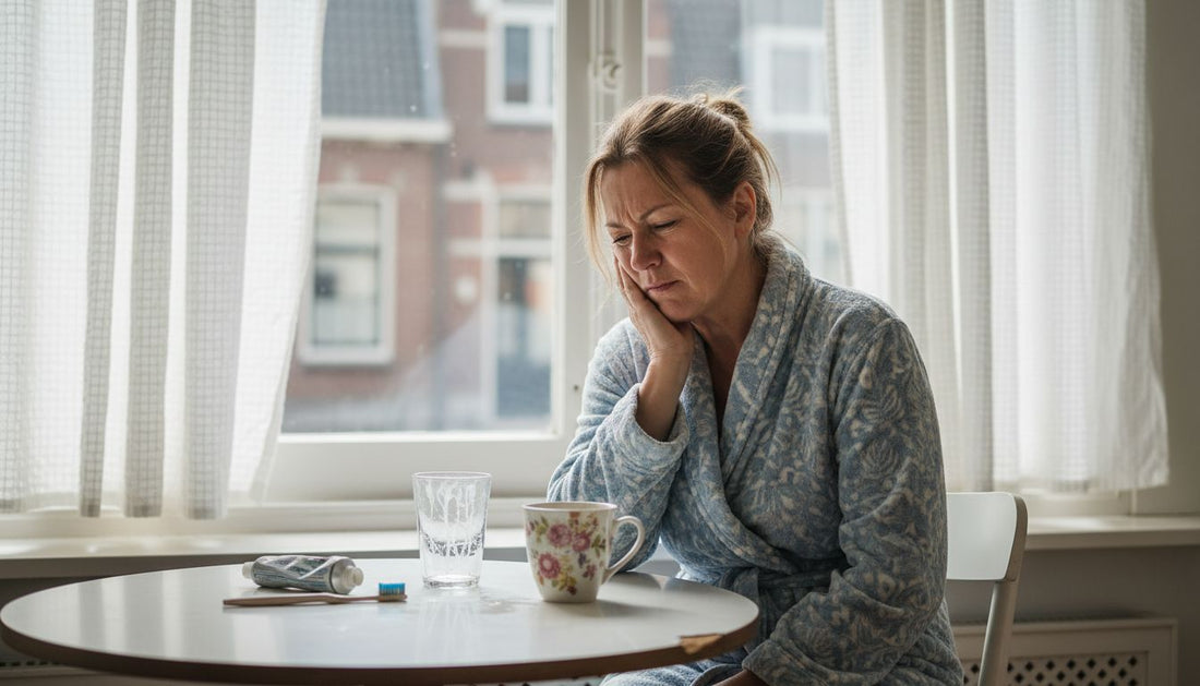 Woman touches cheek after brushing teeth