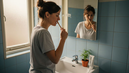 Woman gently brushing teeth in small blue-tiled bathroom