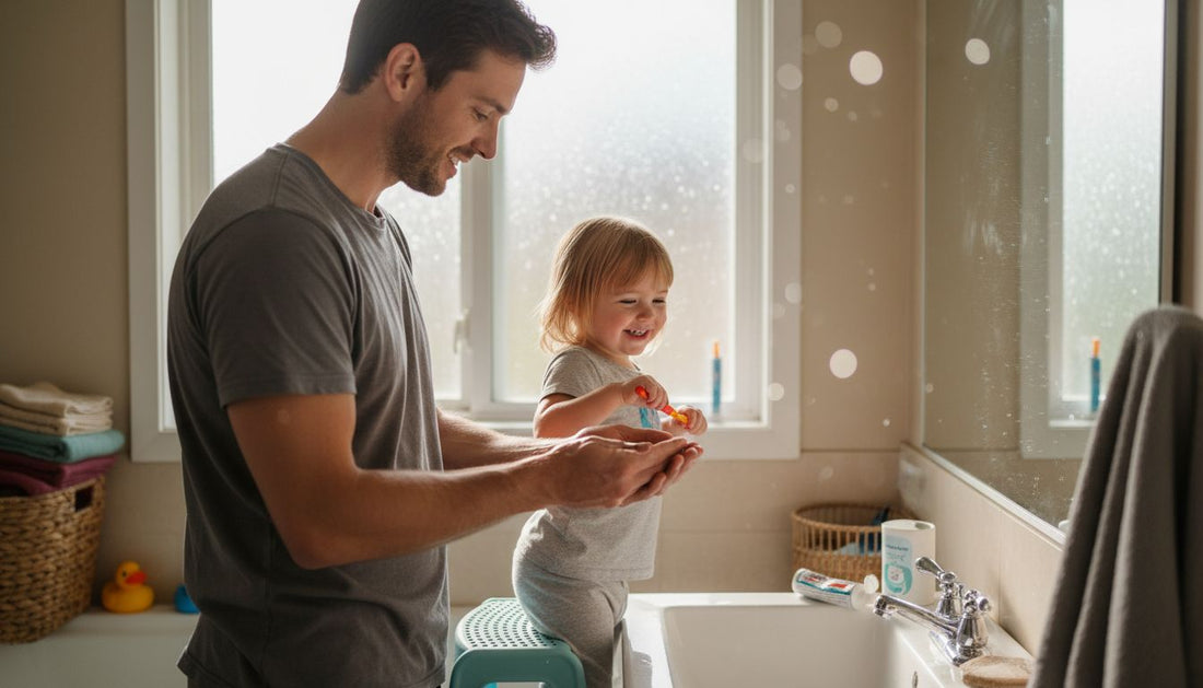 Father and daughter brushing teeth together
