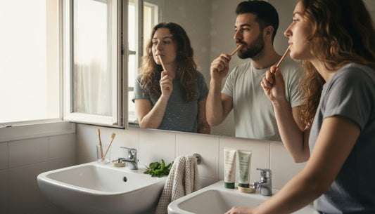 Couple brushing teeth with natural toothpaste