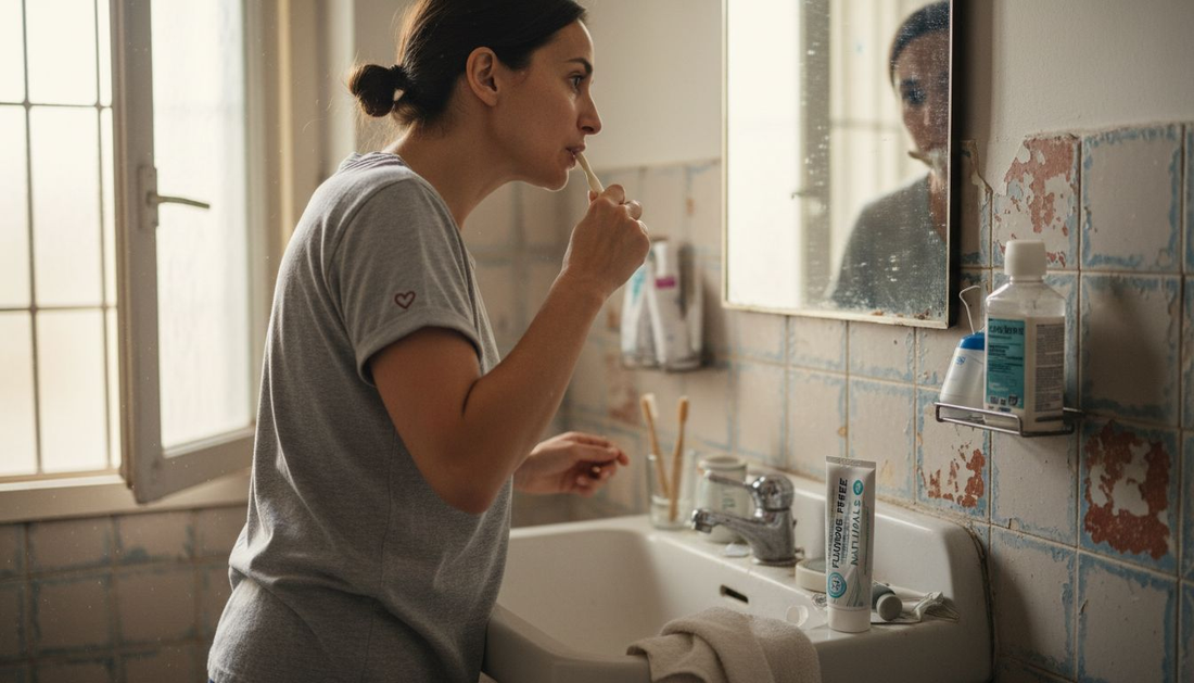 Woman gently brushing sensitive teeth in natural morning light