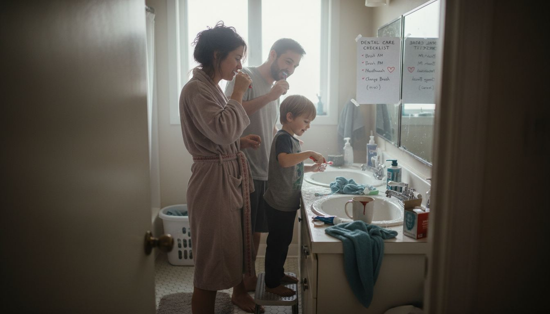 Family brushing teeth together in home bathroom