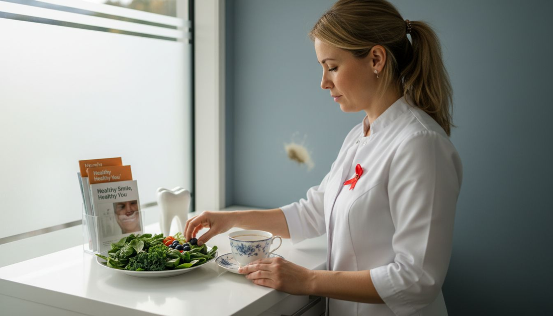 Dental hygienist arranging antioxidant-rich foods