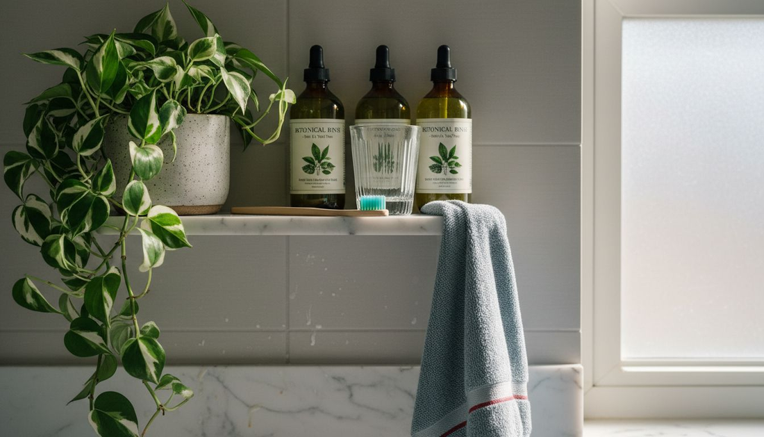 Plant-based mouthwash bottles on bathroom shelf
