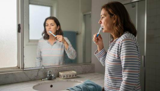 Woman brushing teeth in morning bathroom