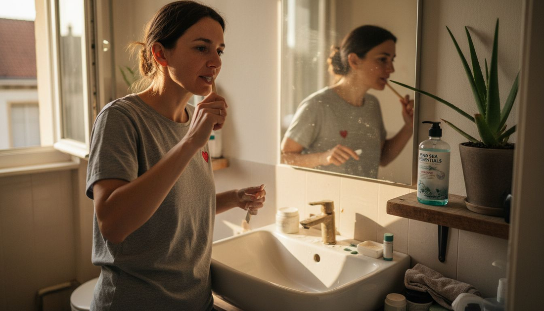 Woman brushing teeth with natural products in Belgian bathroom