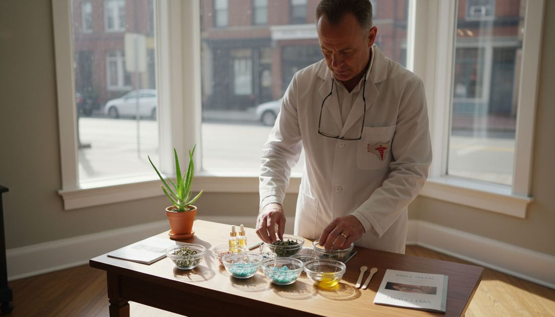 Dentist arranging natural dental care ingredients