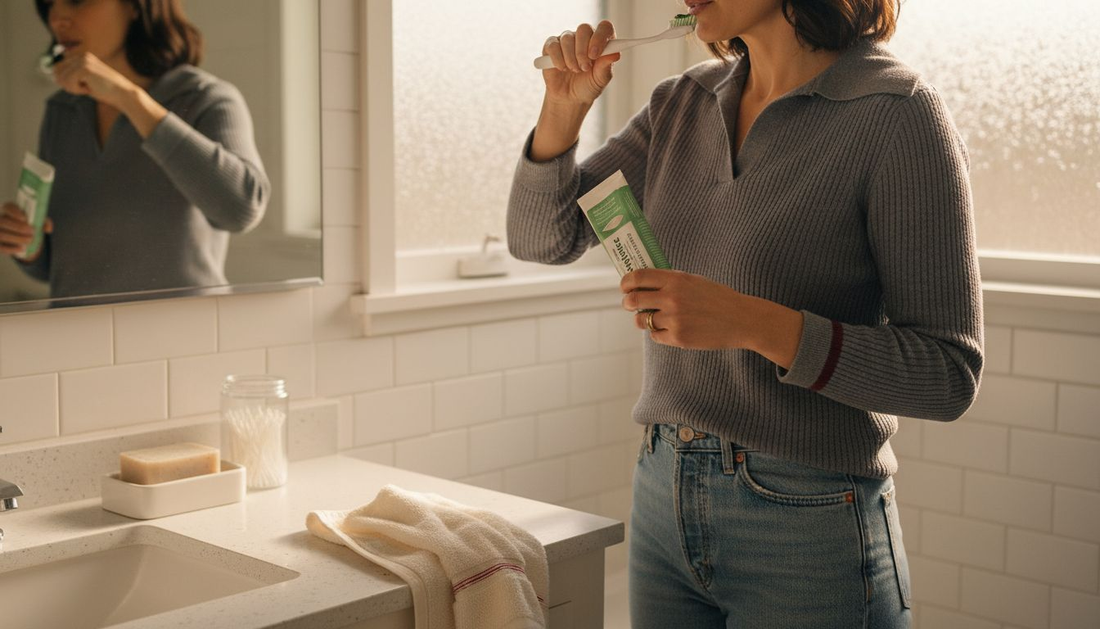 Woman brushing teeth with natural toothpaste