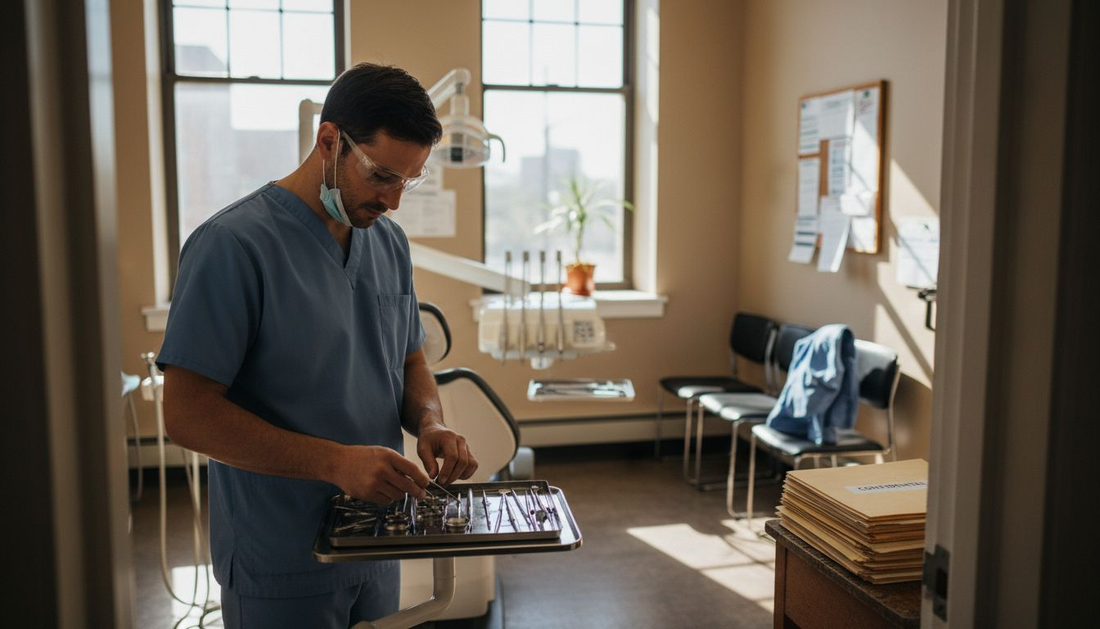 Dentist preparing tools in city clinic