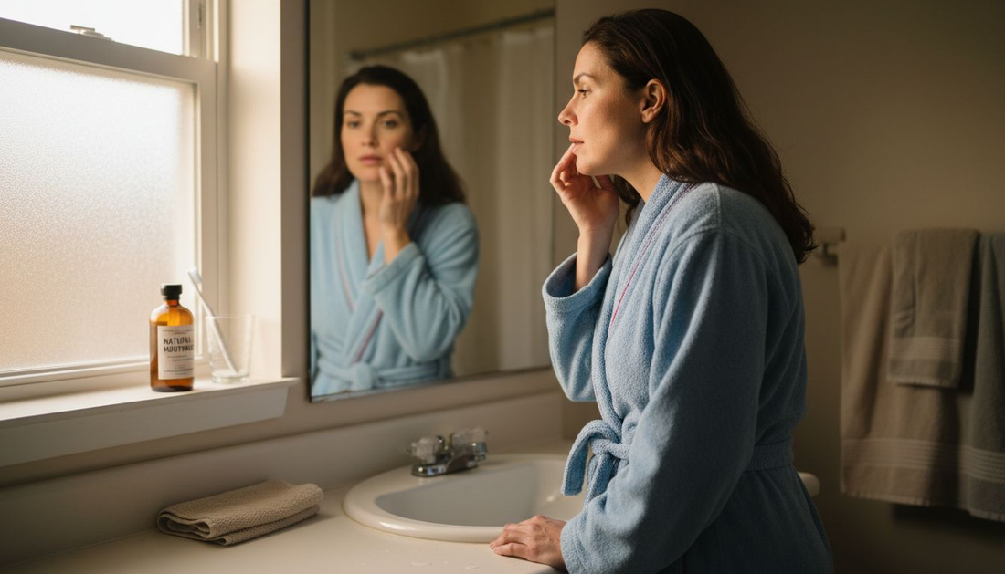 Woman checks teeth for sensitivity in bathroom
