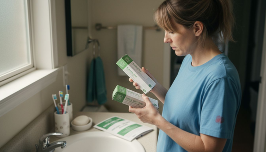 Woman comparing fluoride-free toothpaste choices