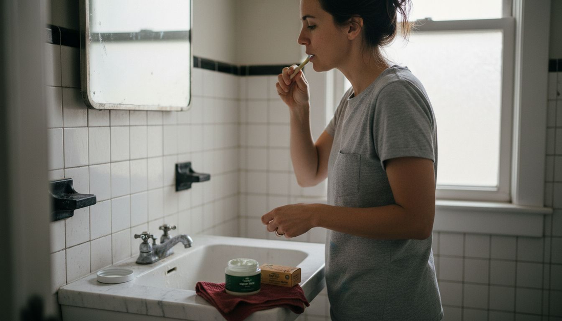 Woman doing complete dental care routine at sink