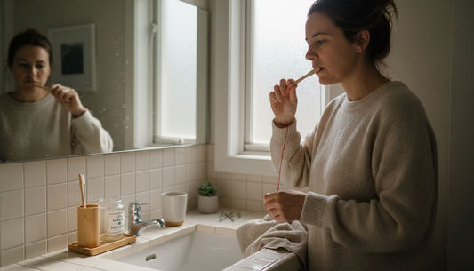 Woman using natural dental care products bathroom
