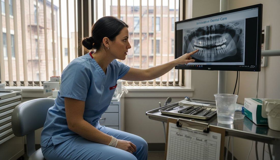 Dentist reviewing dental x-ray in clinic