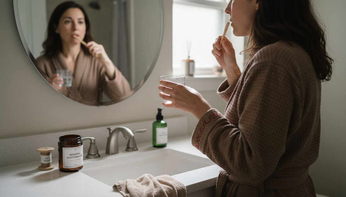 Woman follows natural oral care routine at bathroom sink