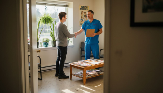 Dentist welcoming patient in cozy waiting room