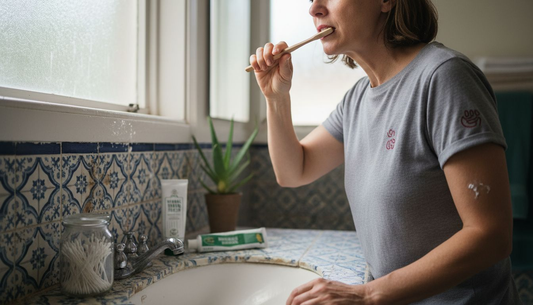 Woman brushing teeth with bamboo toothbrush