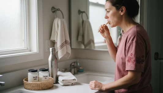 Woman brushing teeth with natural products