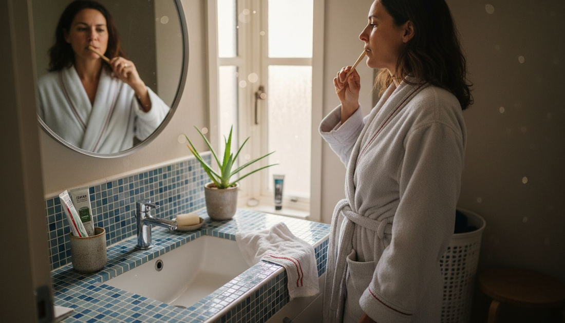 Woman using natural oral hygiene products
