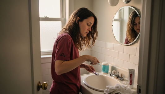 Woman preparing toothbrush in bathroom