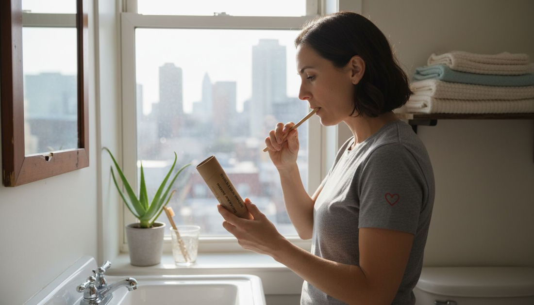 Woman brushing teeth with bamboo toothbrush