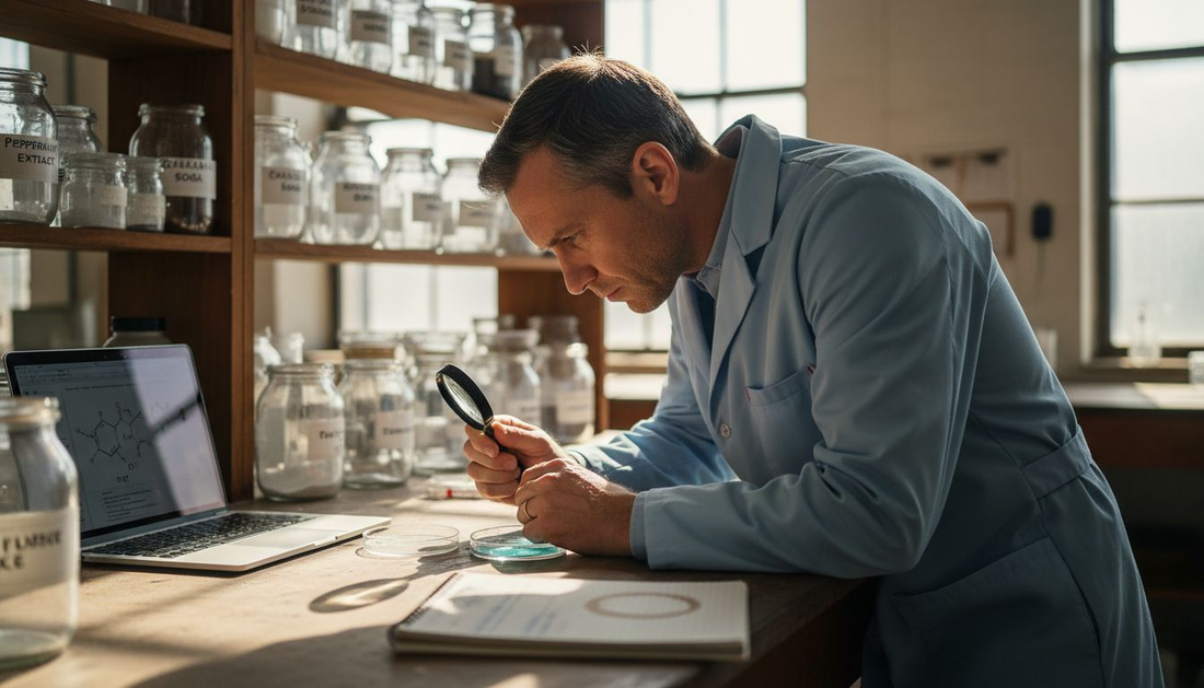 Chemist with natural toothpaste samples in lab