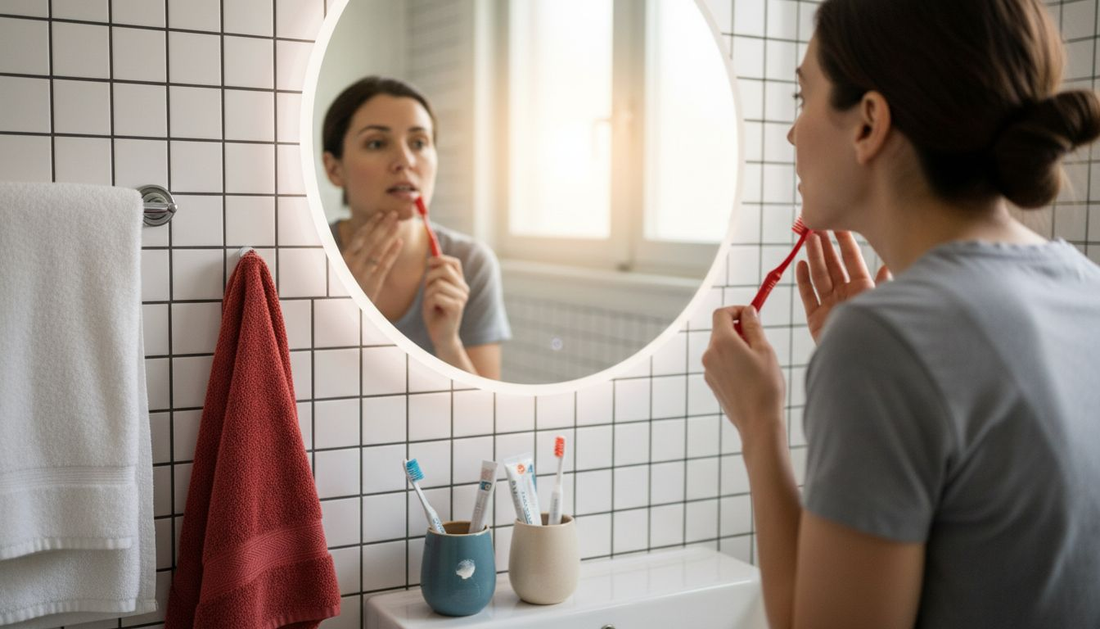 Woman checking teeth for sensitivity in bathroom
