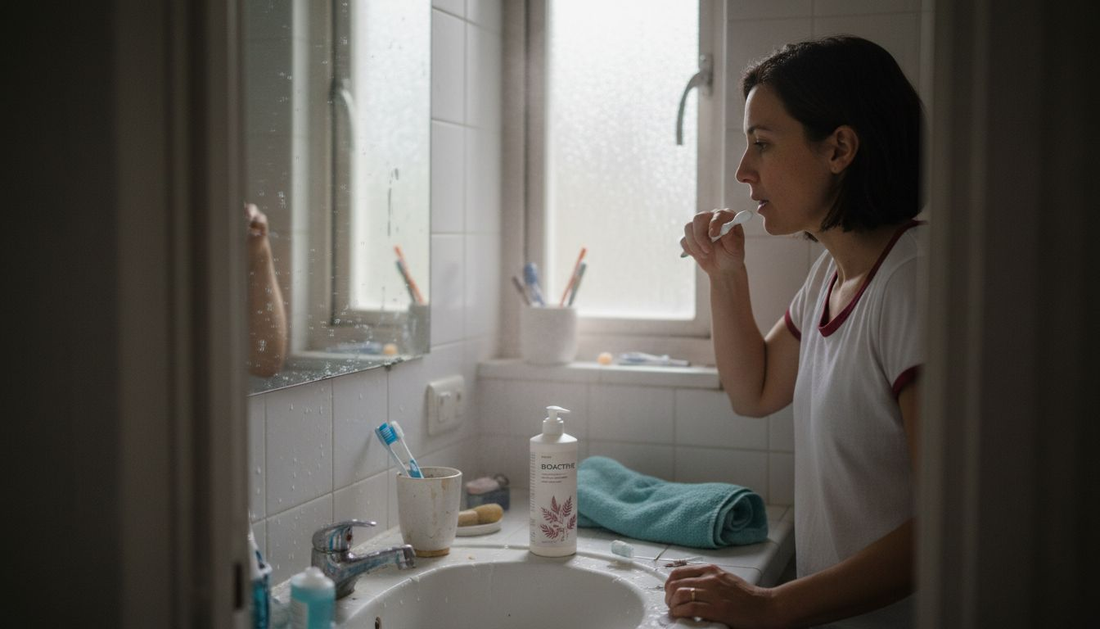 Woman brushing teeth with bioactive toothpaste