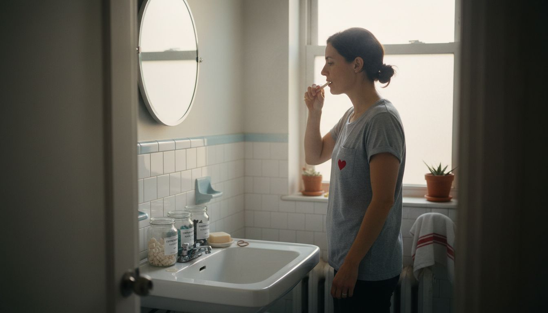 Woman brushing teeth with bamboo toothbrush