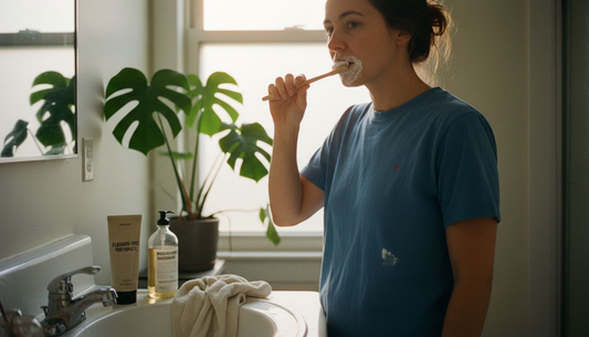 Woman using natural oral care at bathroom sink