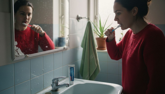 Woman brushing teeth with sensitive care items