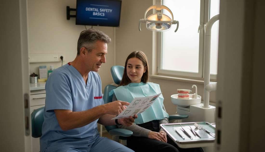 Dentist and patient discuss oral safety in clinic