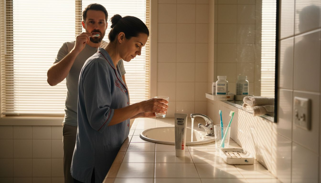 Morning routine with mineral toothpaste bathroom scene