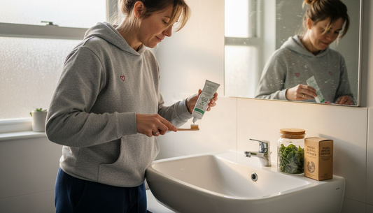 Woman using botanical toothpaste in home bathroom