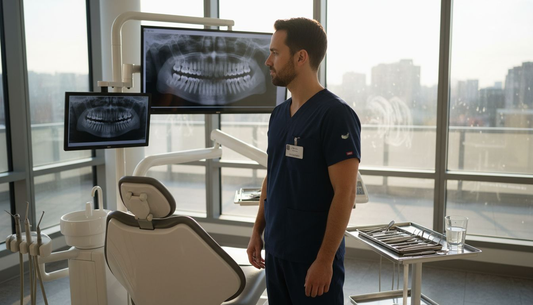 Dentist in clinic with digital dental technology