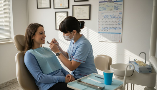 Dental patient and dentist in clinic exam
