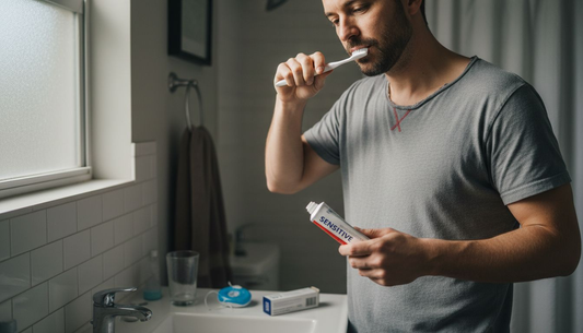 Man brushing sensitive teeth in apartment bathroom