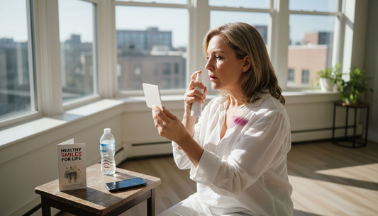 Woman applying oral spray in dental clinic