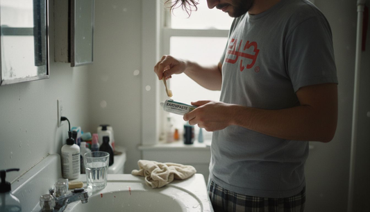 Person applying mineral toothpaste at sink