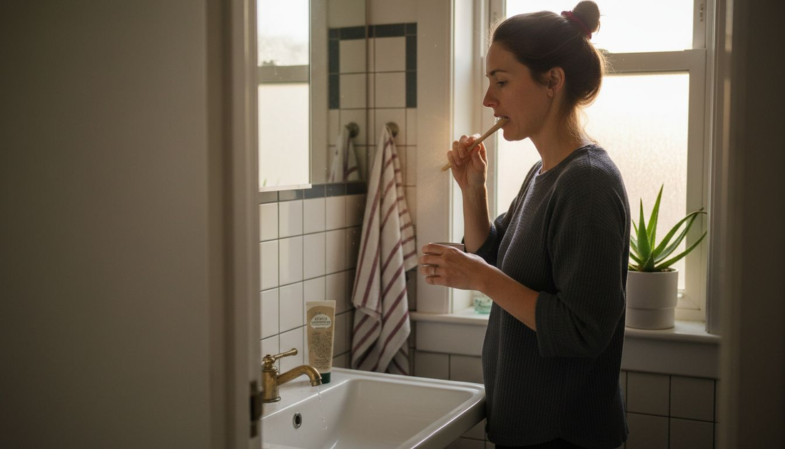 Woman brushing teeth with natural products in sunny bathroom