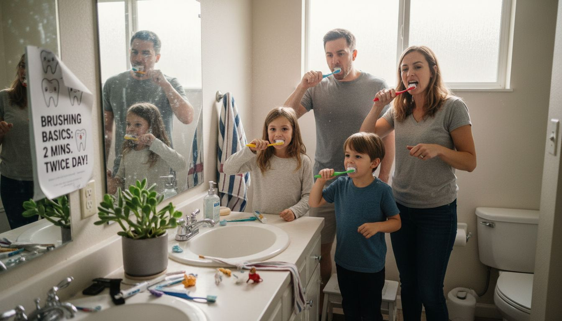 Family brushing teeth together in a bright home bathroom
