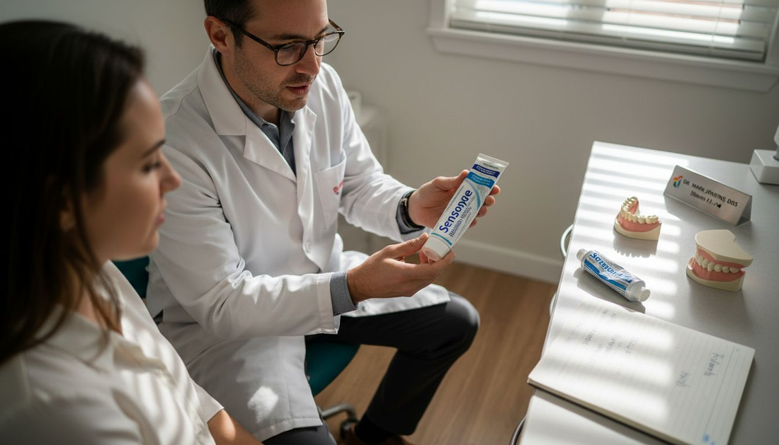 Dentist explaining sensitivity toothpaste benefits