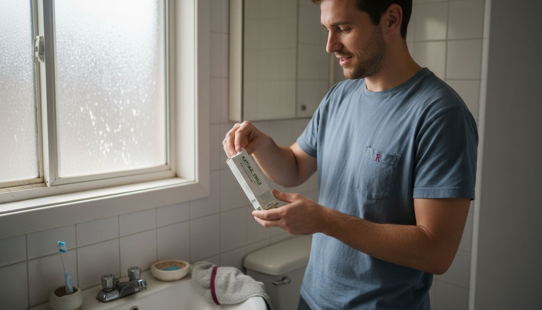 Man using chemical-free toothpaste in bathroom