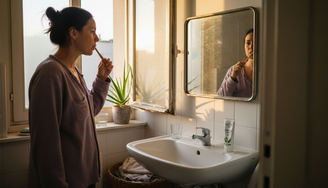 Woman uses plant-based toothpaste in sunlit bathroom
