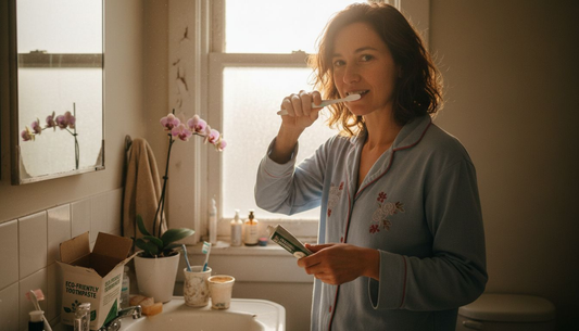 Woman brushing teeth with natural toothpaste