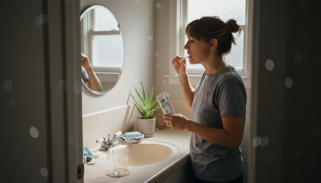 Woman brushing teeth with hemp toothpaste at bathroom sink
