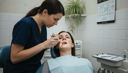 Dental hygienist checking woman's enamel at clinic